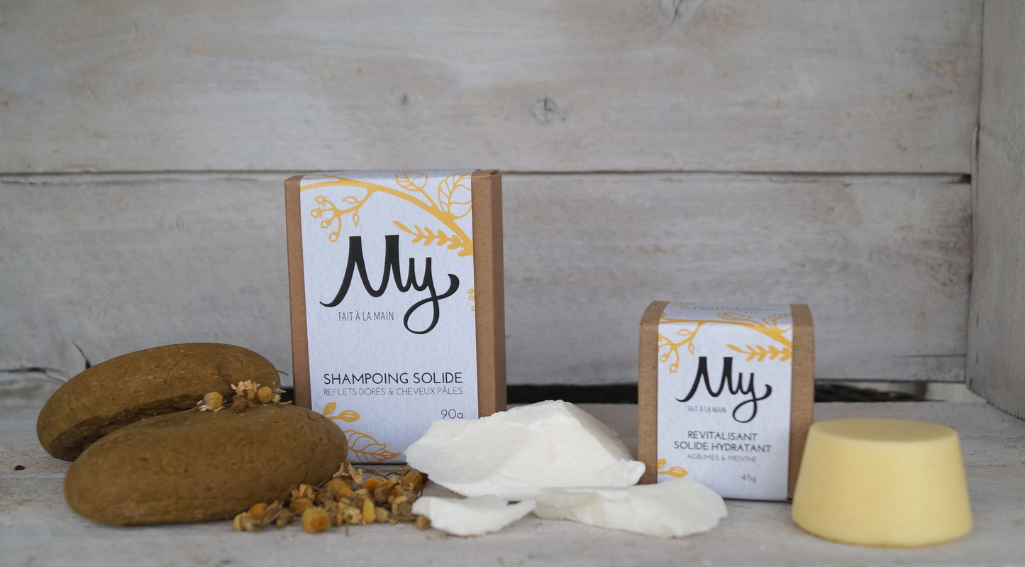 Shampoing solide Reflets dorés et cheveux pâles et revitalisant solide hydratant Agrumes et menthe