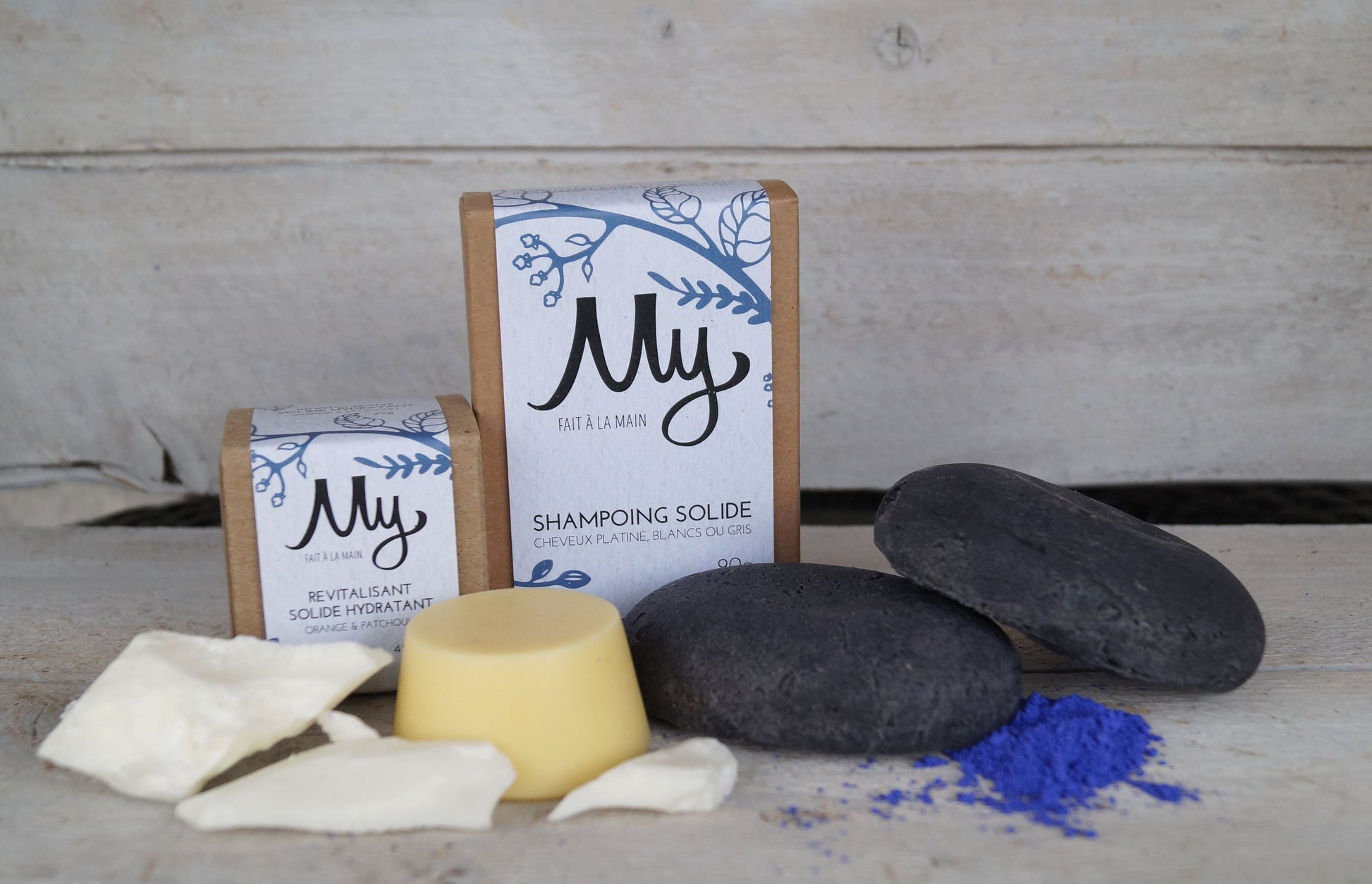 Shampoing solide Cheveux platine, blancs ou gris et revitalisant hydratant Orange et patchouli