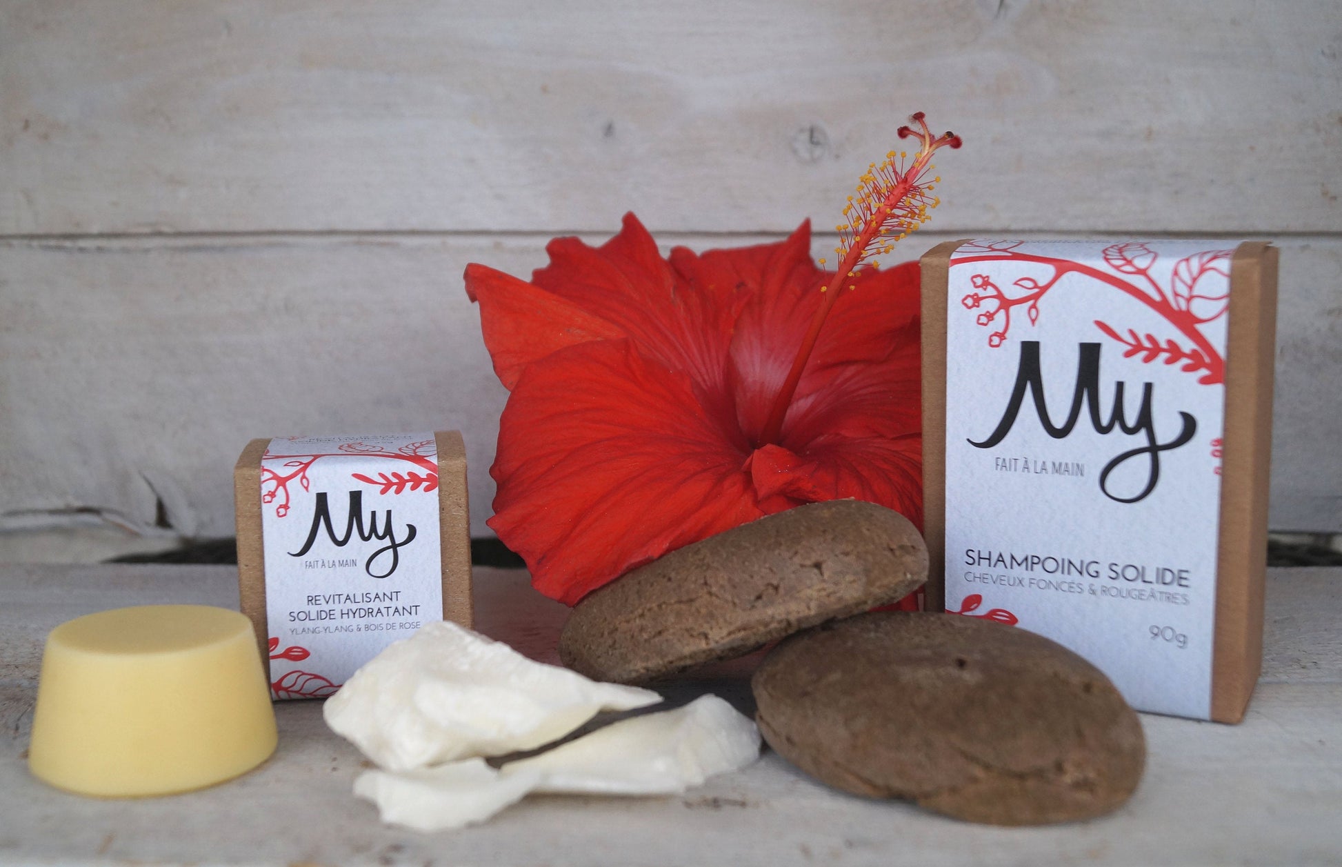 Shampoing solide Cheveux foncés et rougeâtres et revitalisant solide hydratant Ylang-ylang et bois de rose